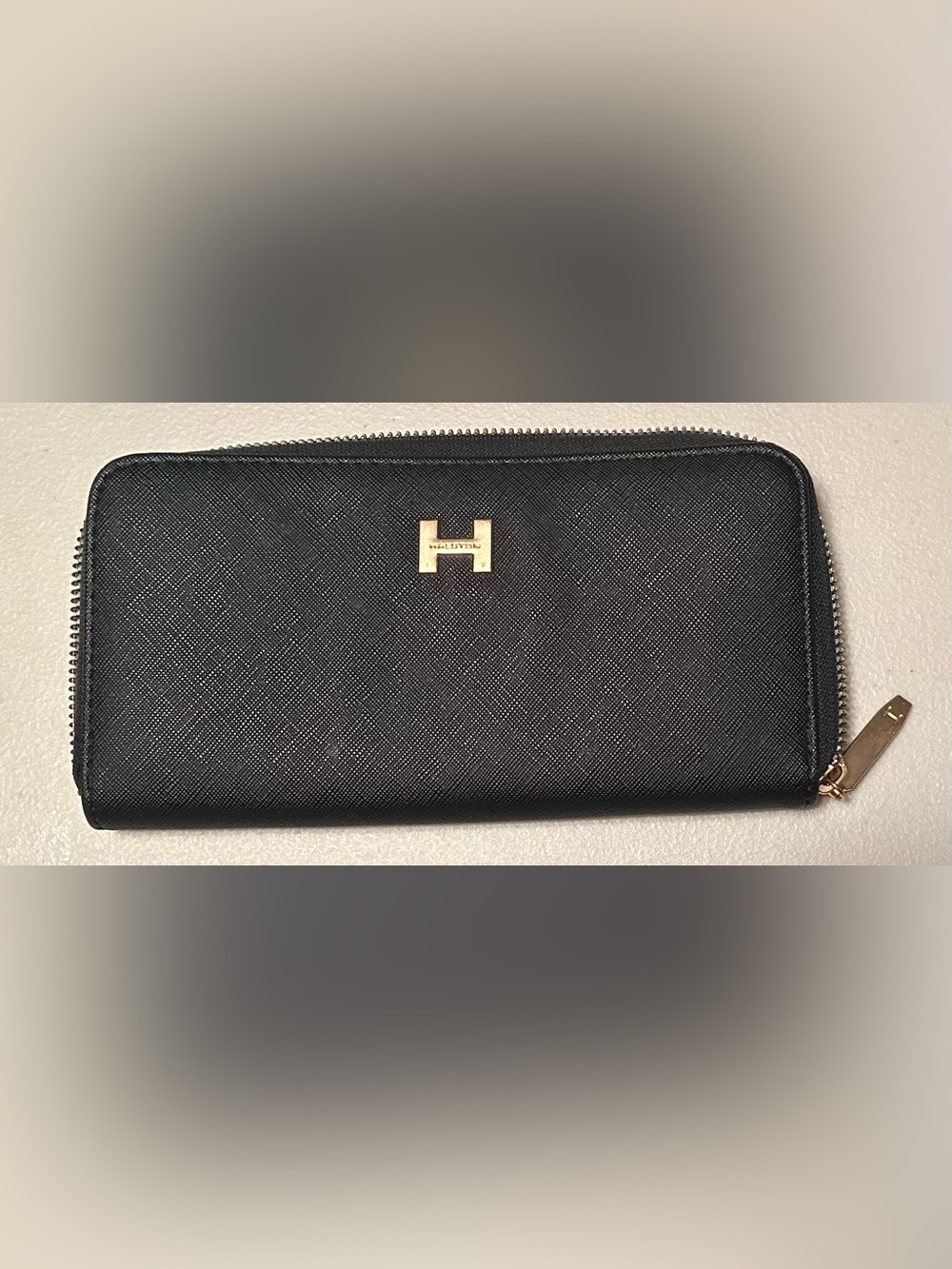 H by Halston Black Zip-Around Wallet with Gold Logo